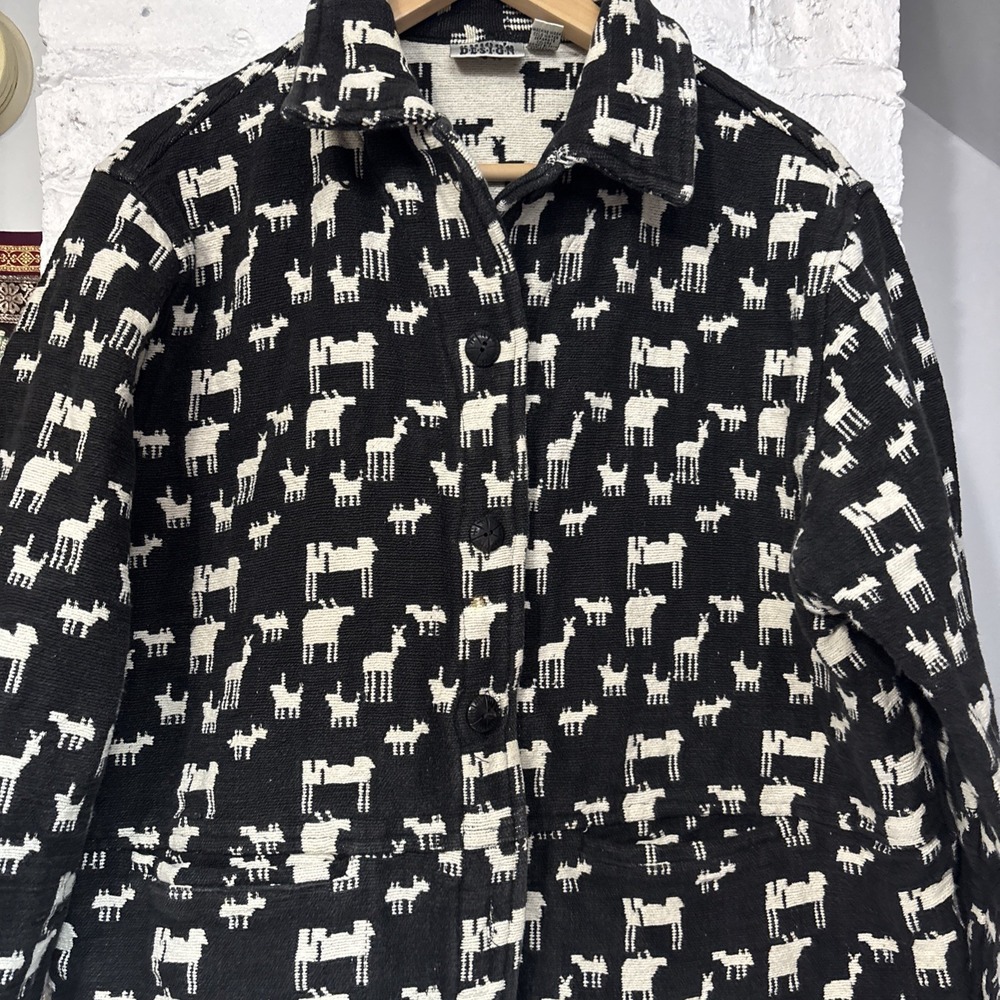 CHICO'S DESIGN Size 3 Vintage Cotton Jacket Black w/Ivory Llamas Alpacas Animals